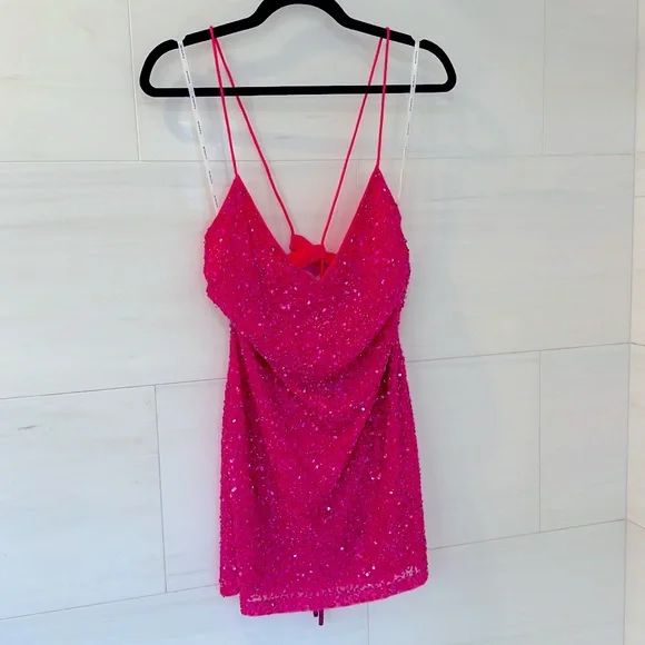 RETROFETE Neon Pink Sequin Dress- Size M - Picture 6 of 10
